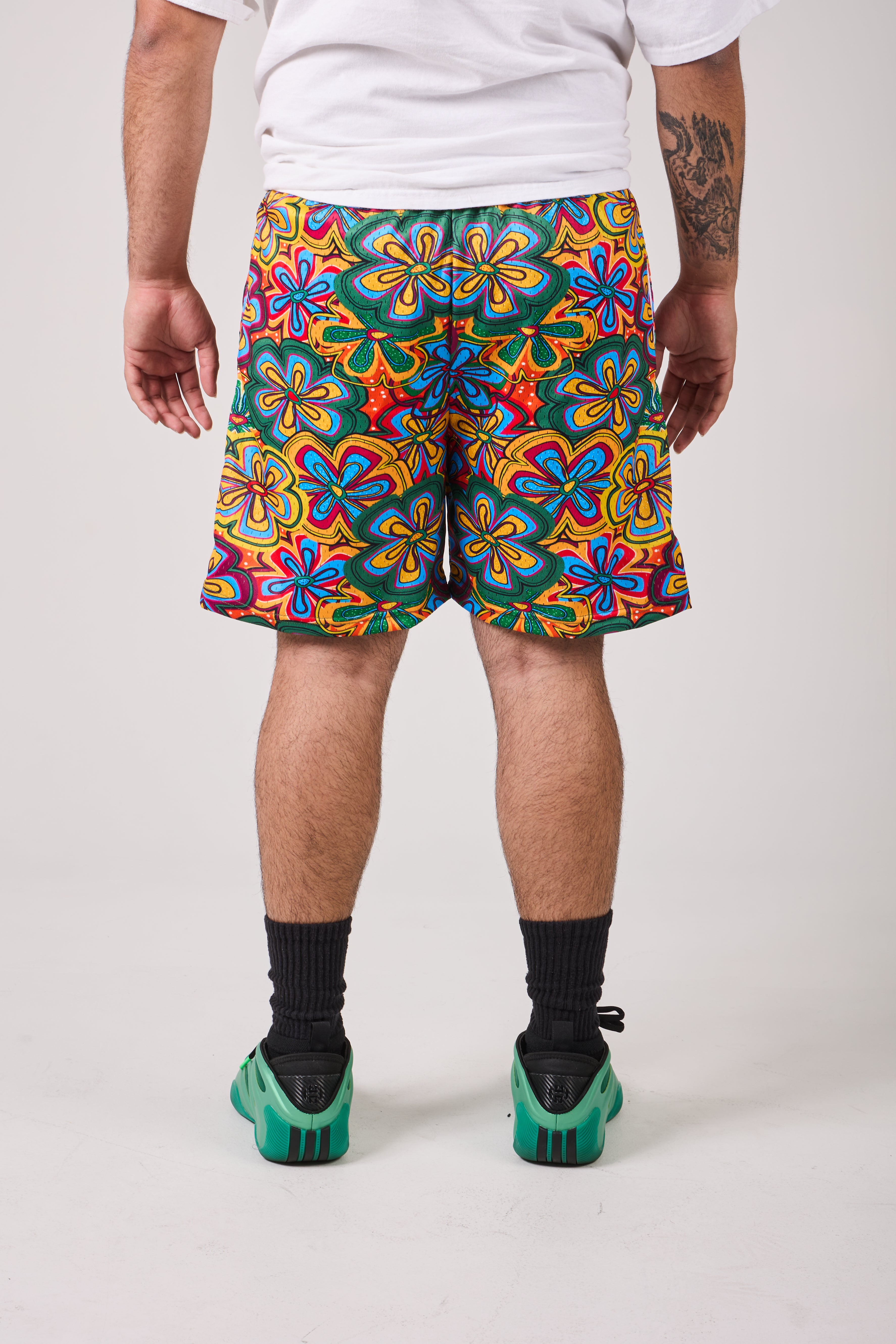 Santorini blue yellow premium mesh shorts back view