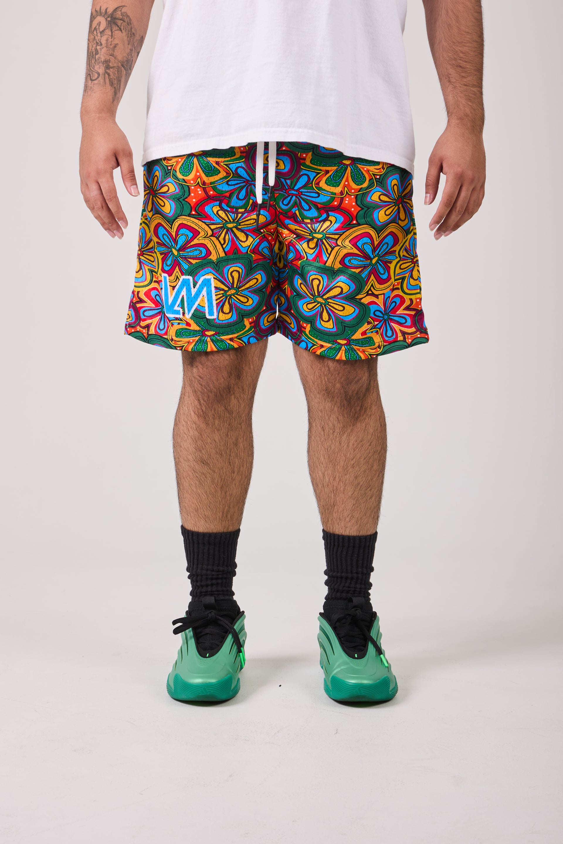 Santorini blue yellow premium mesh shorts front view